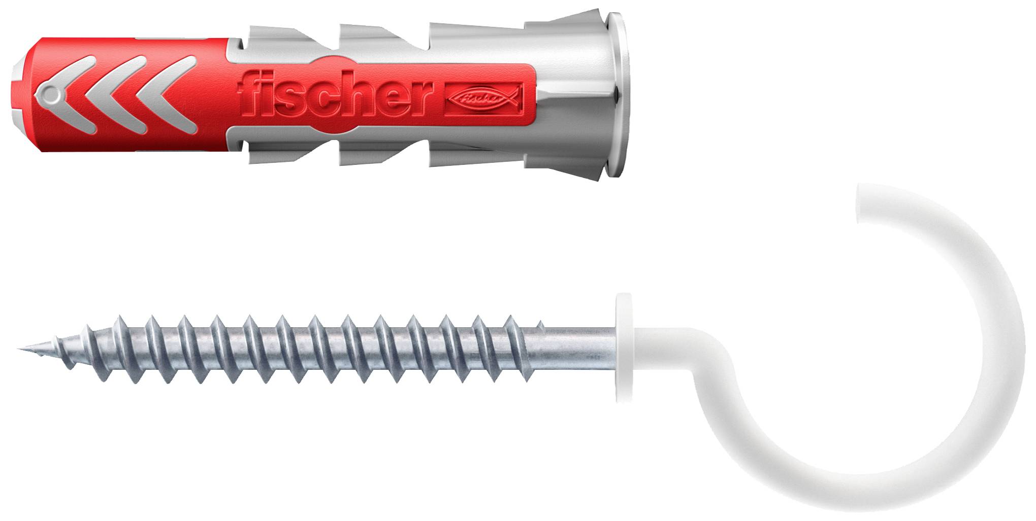 Ein roter Dübel und ein metallischer Schraubhaken liegen nebeneinander. Der Dübel hat graue Pfeil-Markierungen.