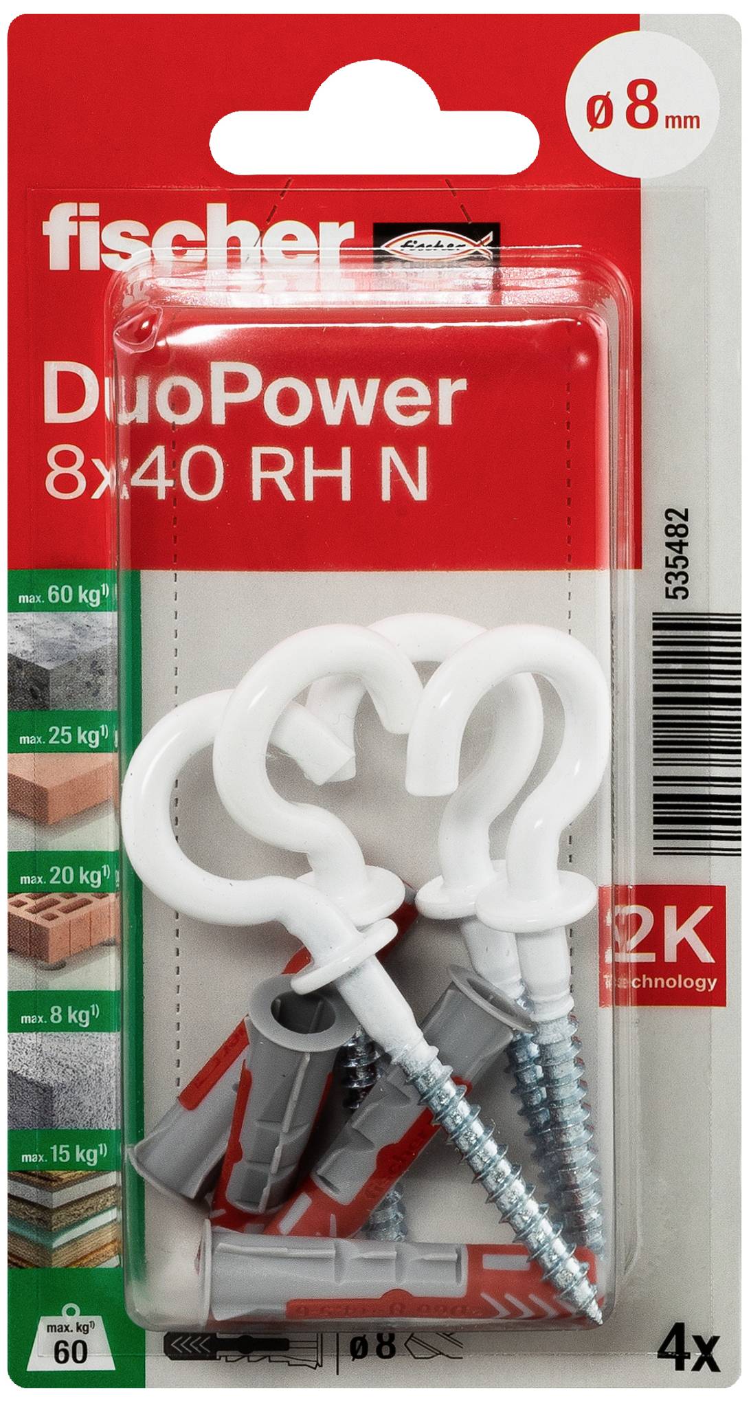'Fischer DuoPower 8x40 RH N' Haken- und Dübelset, 4 Stück. Geeignet für Lasten bis 60 kg bei Beton, 25 kg bei Ziegel. Enthält passende Dübel.