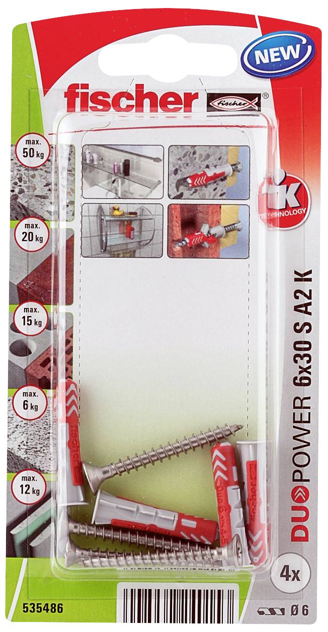 Verpackung für Fischer Dübel 'DUOPOWER 6x30 S A2 K'. Enthält 4 Dübel, geeignet für Lasten bis 50 kg. Zeigt Anwendungsbeispiele.