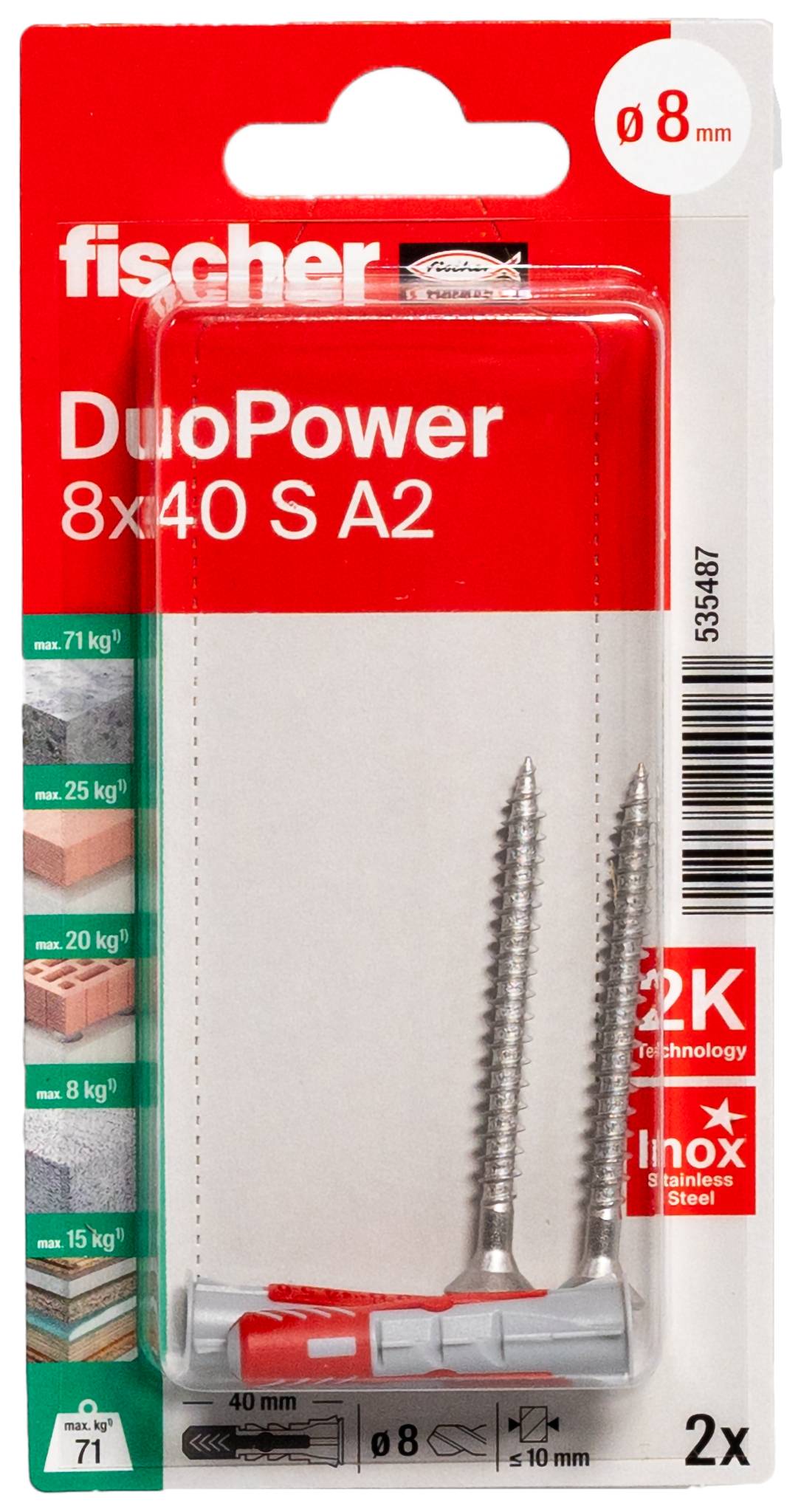 Dübel und Schraube von Fischer zur Befestigung an Wänden. Der Dübel ist rot-grau, die Schraube aus silbernem Metall.