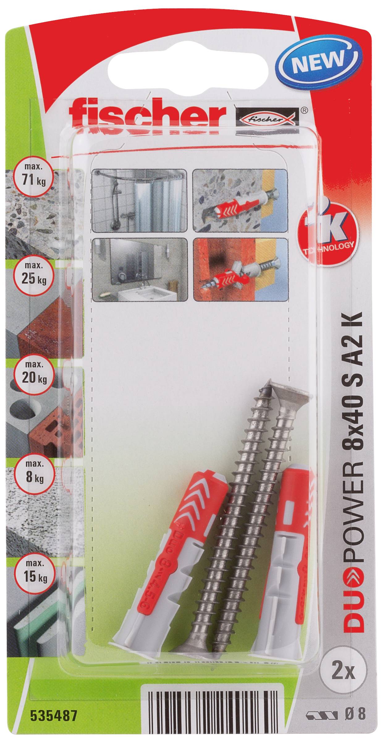 Verpackung eines Dübelsets mit zwei Dübeln und Schrauben, geeignet für verschiedene Materialien. Zeigt Anwendungsbeispiele und Belastungen in Kilogramm.