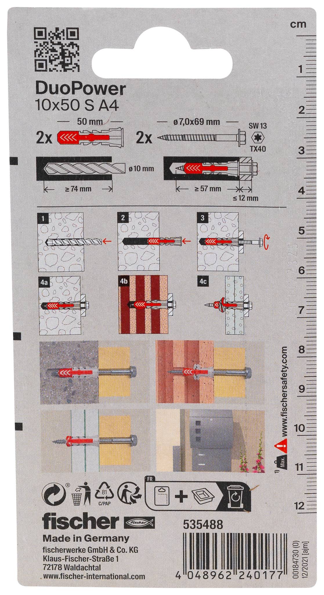 Verpackungsrückseite für Fischer DuoPower 10x50 S A4 Wanddübel mit Bohrmaßen, Installationsschritten, Materialien und Barcode.