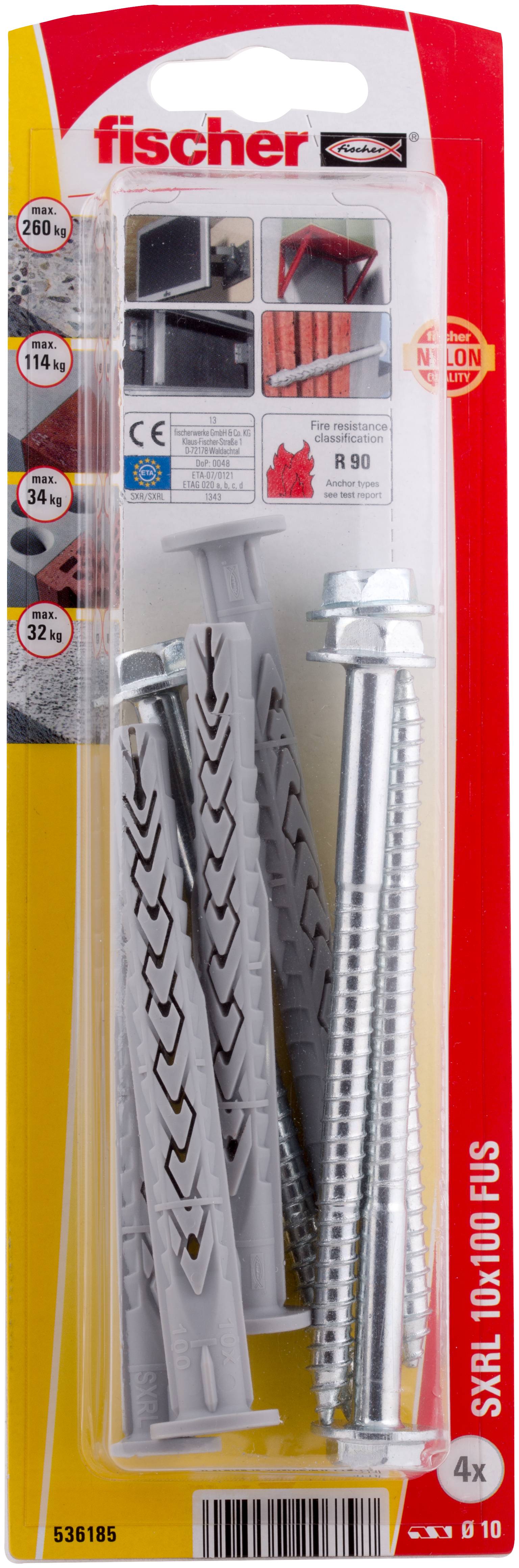 Ein grauer Dübel mit Metallgewinde und Sechskantkopf zeigt Befestigungsmaterial. Links: Kunststoffdübel, rechts: Metallschraube.