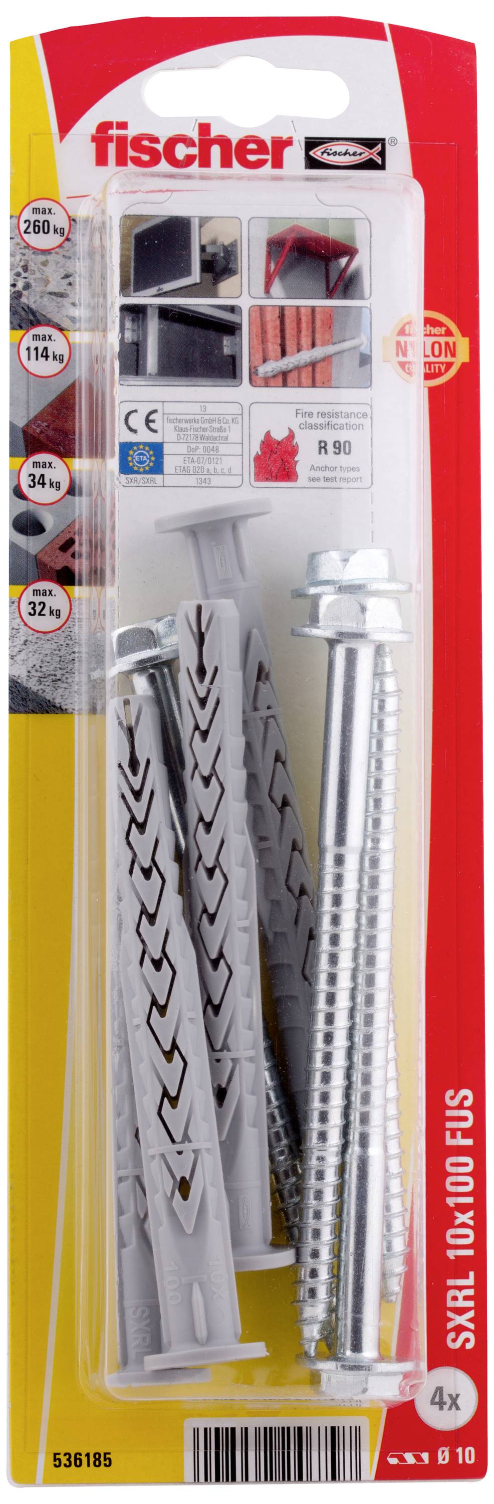 Verpackung von Fischer Schwerlastdübeln SXRL 10 x 100. Enthält Dübel und Schrauben. Geeignet für Beton, Mauerwerk und Holzbau.