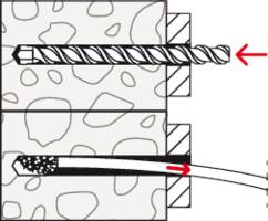 Schema einer Mauerwerk-Klebetechnik. Oben: Bohrer dringt in die Wand ein. Unten: Kleber wird in das gebohrte Loch eingeführt.