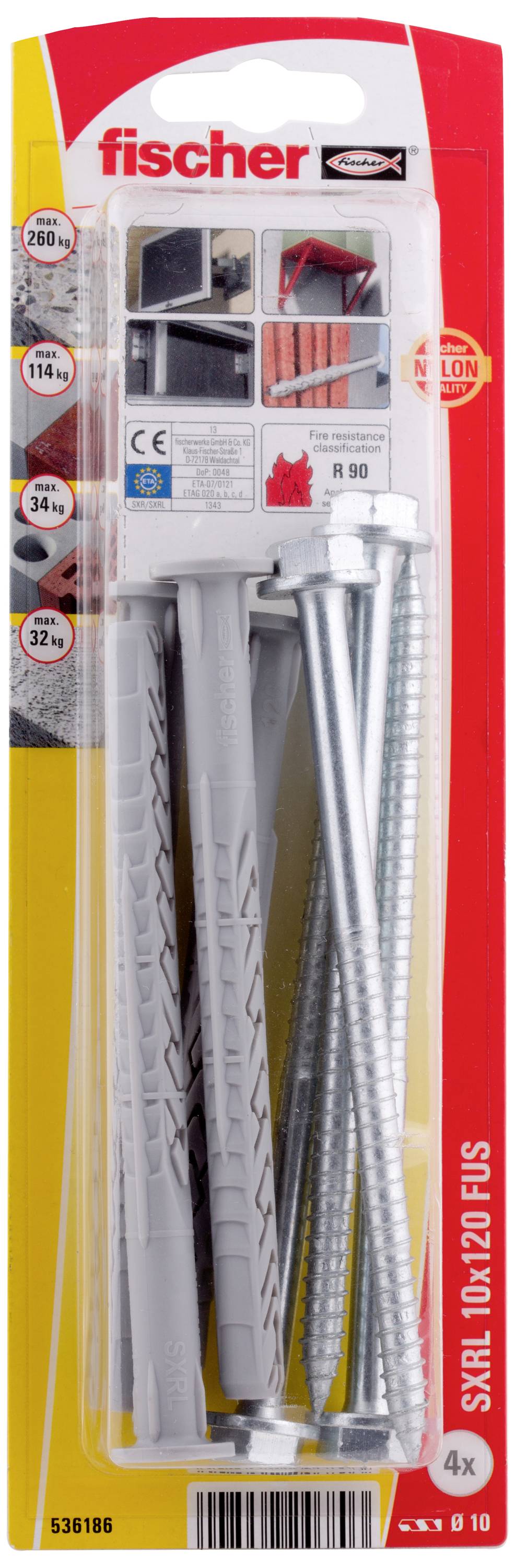'Fischer SXR 10x120 FUS' Packung mit grauen Dübeln und Schrauben, geeignet für Voll- und Lochbaustoffe. Enthält CE und R90 Kennzeichnung.