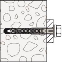 Illustration eines Dübels, der in einer gemusterten Wand befestigt ist, zeigt den Schraubmechanismus und die Einbettung in das Material.