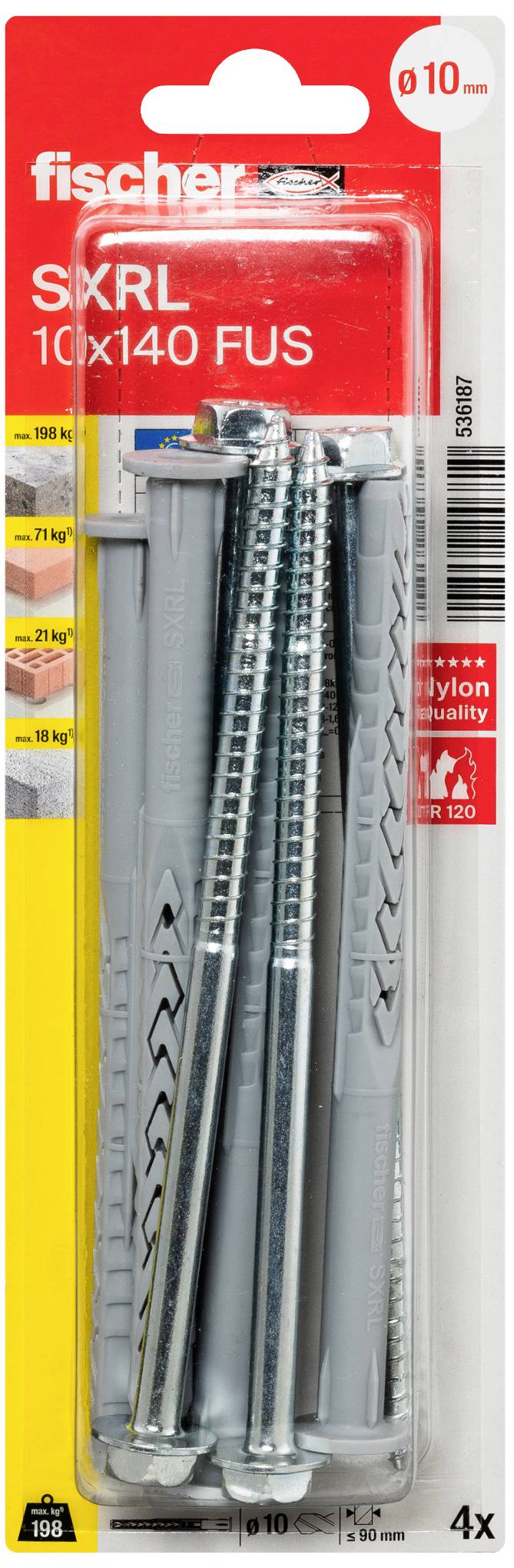 'Fischer SXRL 10x140 FUS' Dübelset-Verpackung mit vier Dübeln und Schrauben. Belastungskapazitäten für unterschiedliche Materialien angezeigt.
