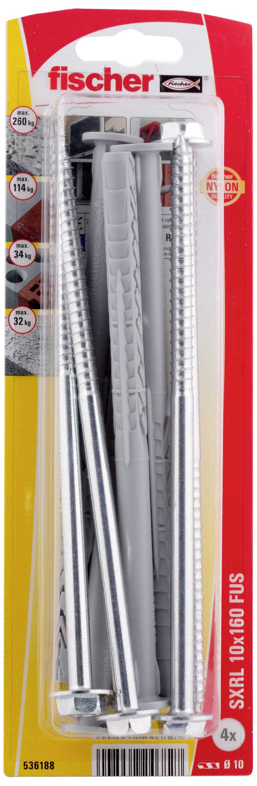 Verpackung mit vier Fischer-Schwerlastdübel und Schrauben, Typ SXRL 10x160, für starken Halt in Beton und Mauerwerk.