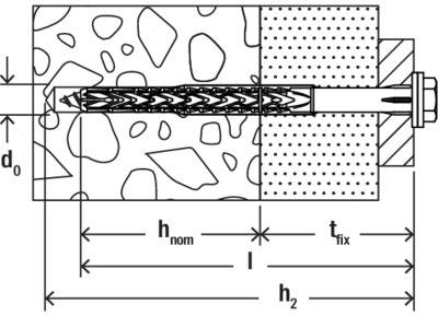 Illustration eines mechanischen Ankerbefestigungssystems im Schnitt: zeigt Einbau in Beton mit grundlegenden Maßen und Komponenten.