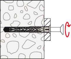 Eine Wandbefestigung mit Dübel und Schraube. Der Dübel sitzt in einer gemusterten Wand und die Schraube wird hineingedreht.
