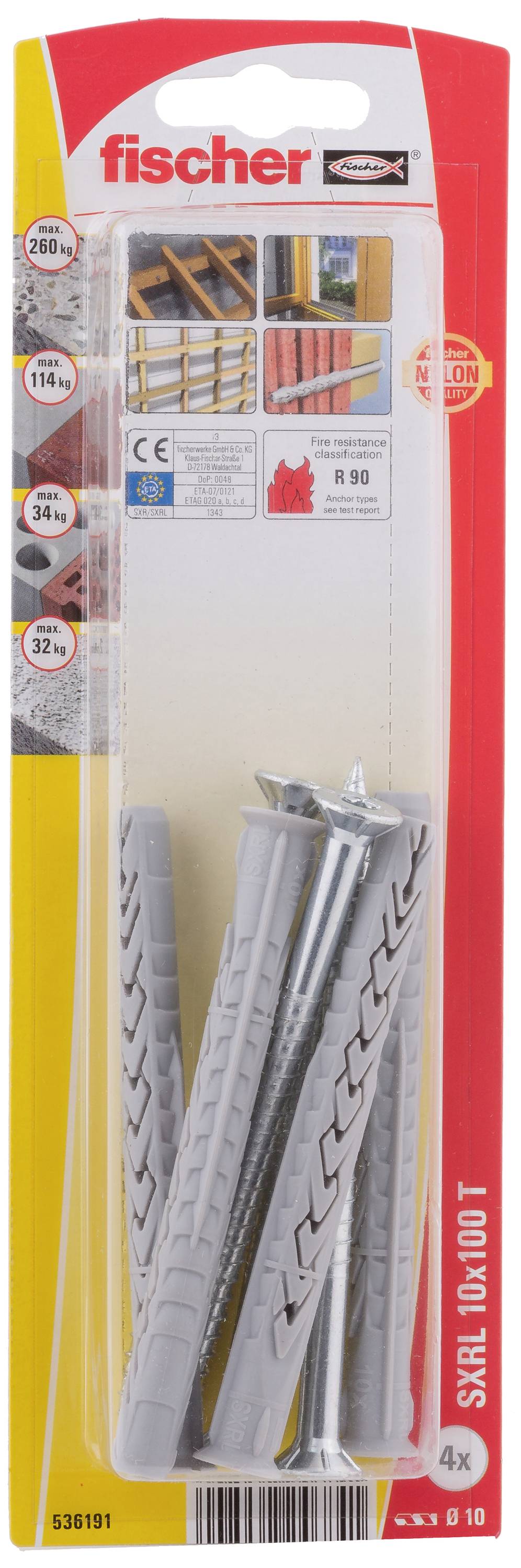 Verpackung mit grauen Dübeln und Schrauben der Marke Fischer. Enthält Informationen zur Anwendung und technischen Details.