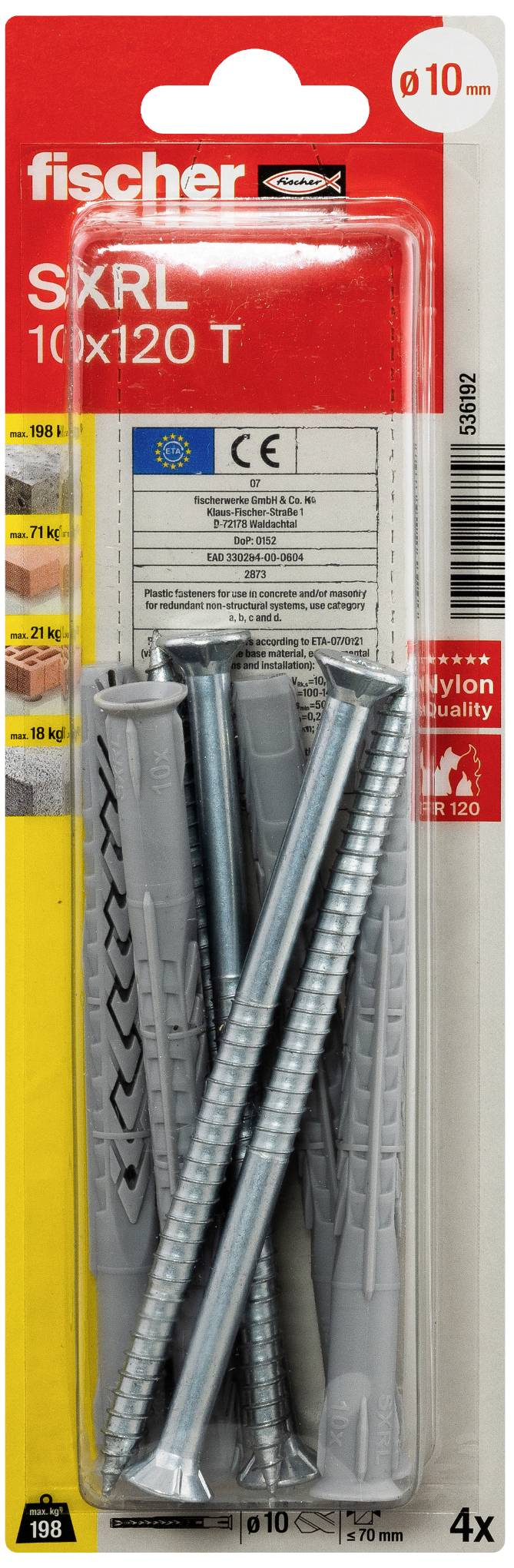 Packung mit vier fischer SXRL 10x120 T Dübeln und Schrauben, geeignet für Befestigungen in verschiedenen Materialien, CE-zertifiziert.