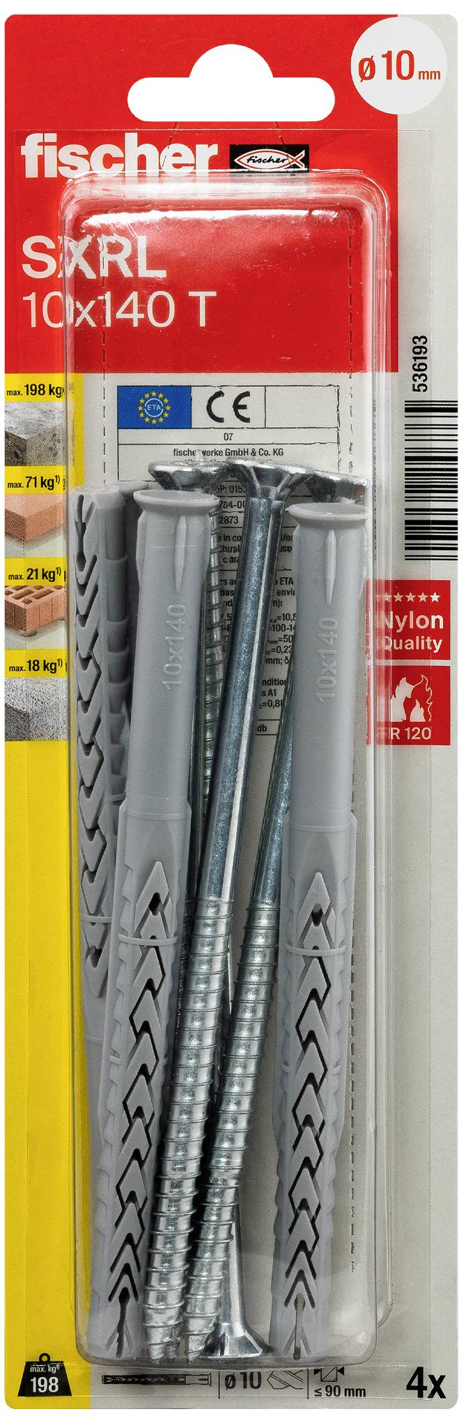 Packung mit vier grauen Fischer SXRL 10x140 T Dübeln und Schrauben, geeignet für verschiedene Baustoffe, bis 10mm Durchmesser.