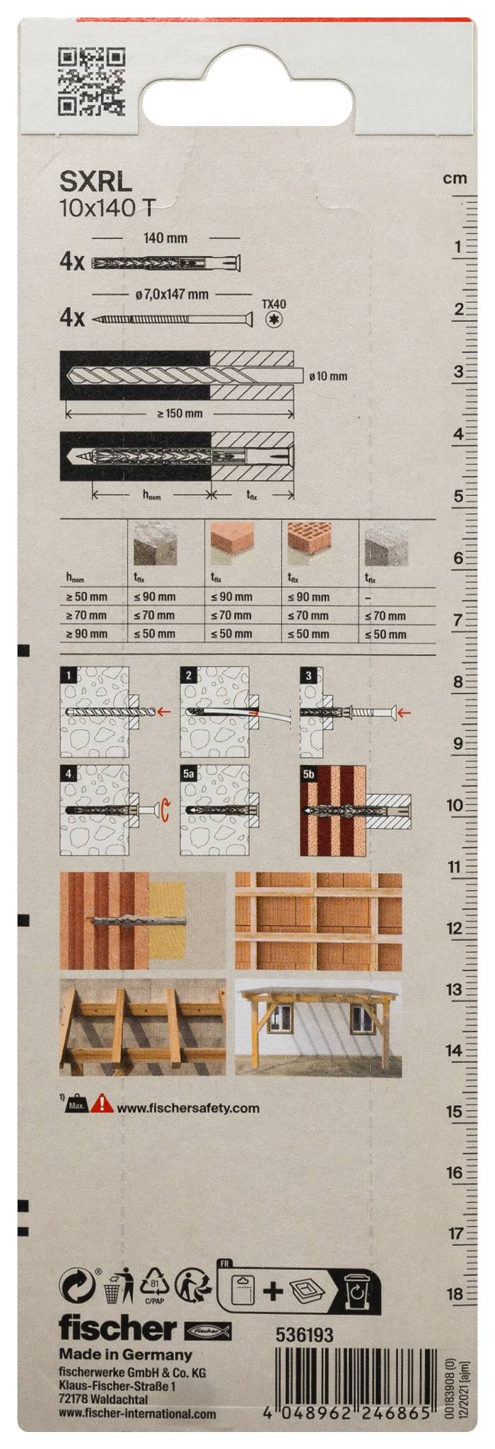 Produktverpackung für Fischer SXRL 10x140 T Wandanker, mit Tragfähigkeitstabellen, Installationsdiagrammen und Größenmessungen.