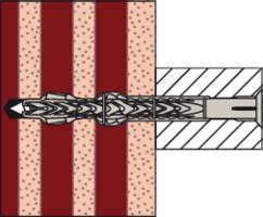 Querschnitt eines Schraubankers, der in eine Wand befestigt ist. Links sieht man Schichten der Wand, rechts ist der Anker innerhalb der Wand sichtbar.