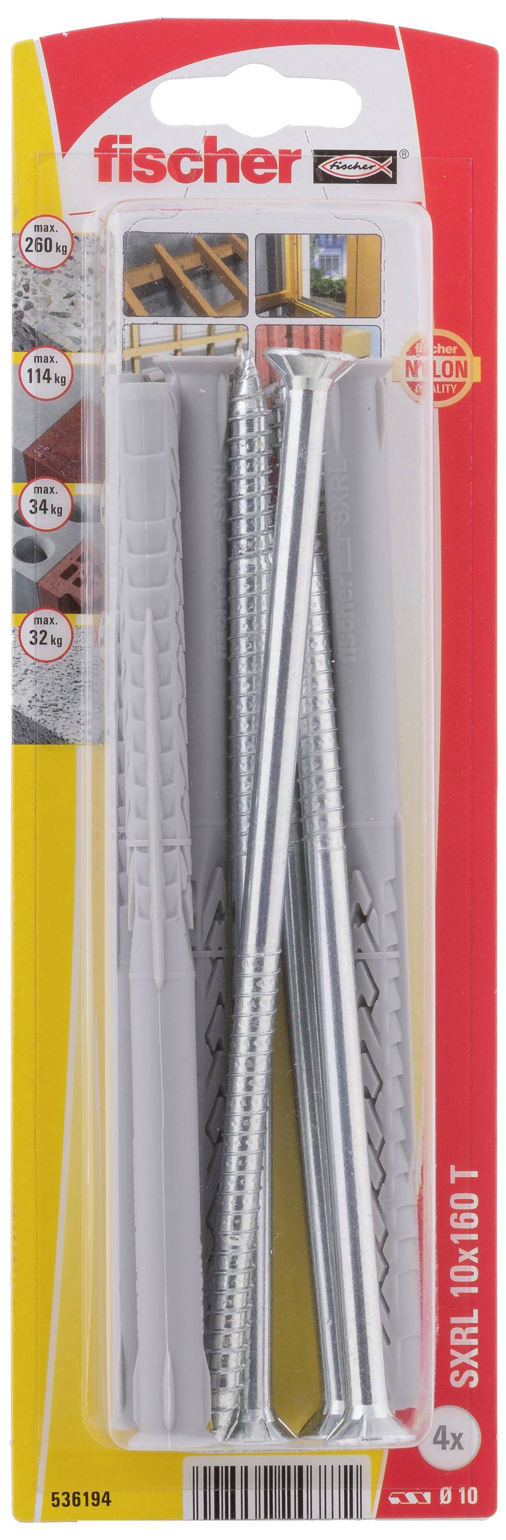 'Fischer' Schraubenset in einer gelben Verpackung mit vier langen Schrauben und passenden Dübeln, geeignet für stark belastete Befestigungen.