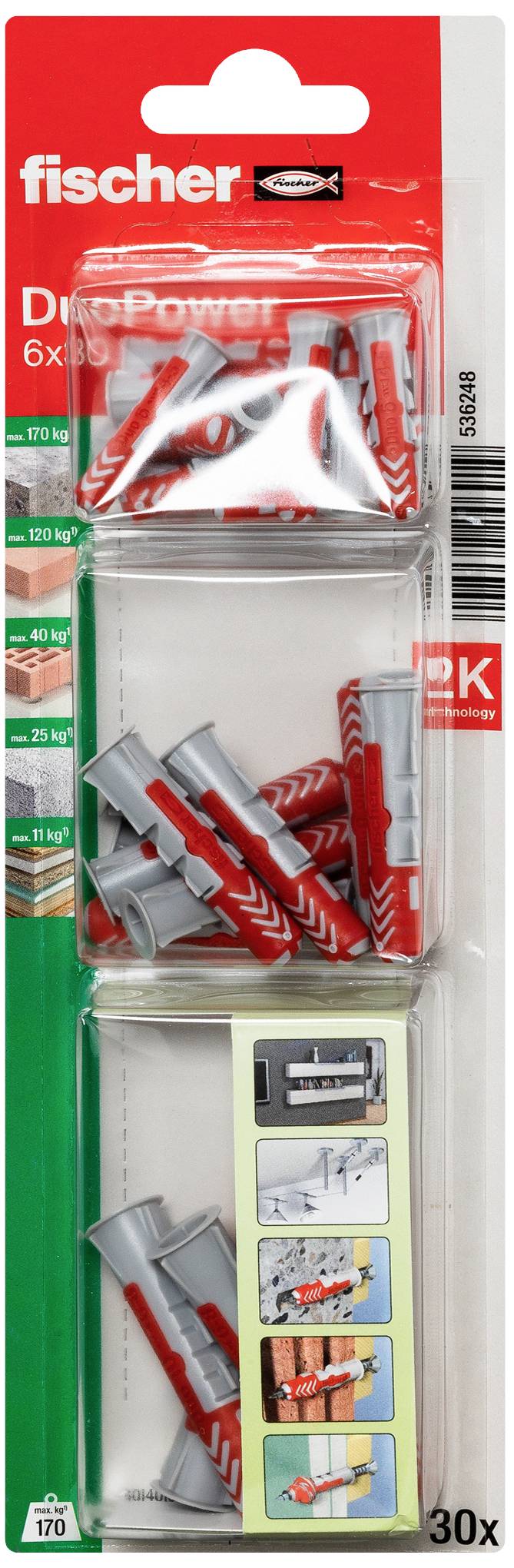 Verpackung mit Fischer-Dübel 'DuoPower' in Rot und Grau, 6x30 mm, 30 Stück. Anwendungshinweise auf der Packung.