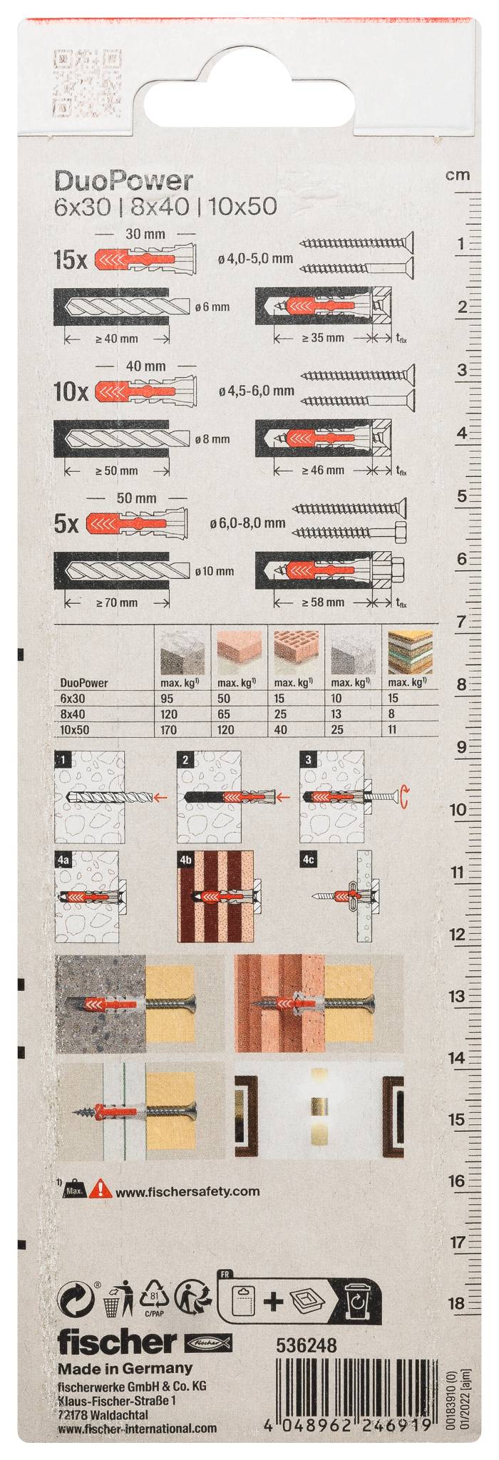 Fischer DuoPower Wandstecker-Verpackung mit Größenleitfaden, Bohrdurchmesser und Lastbeispielen für verschiedene Ankergröße.