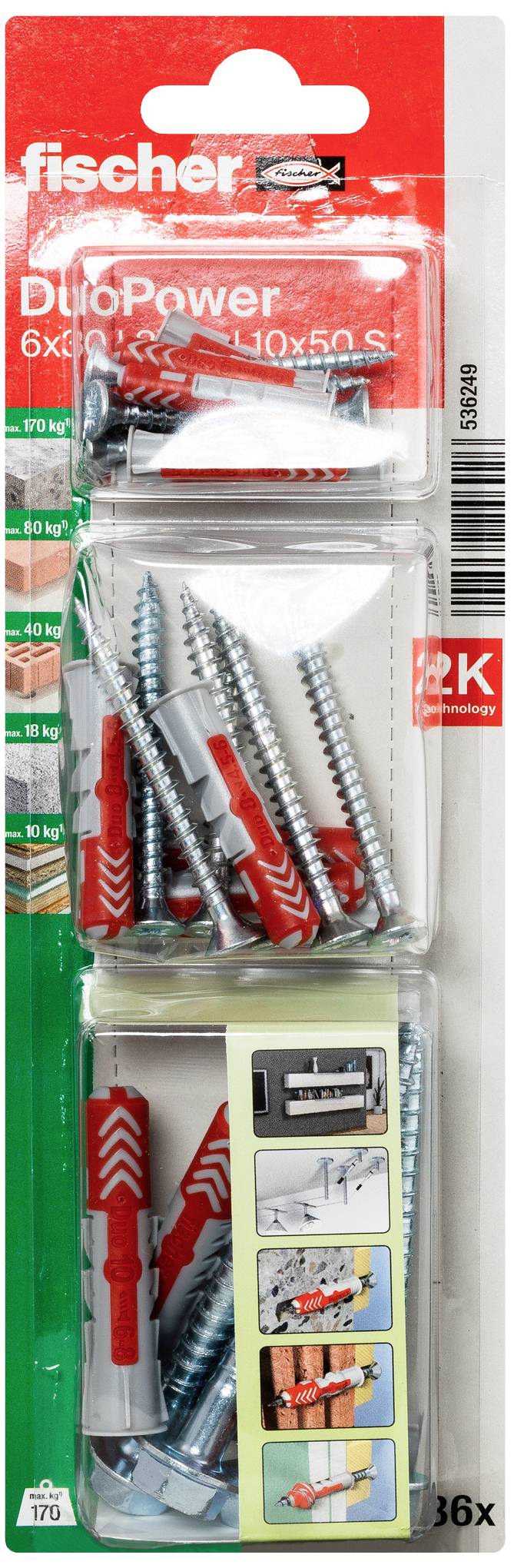 Verpackung von Fischer DuoPower Dübeln und Schrauben, geeignet für 60 kg Traglast. Enthält Montageanleitung für verschiedene Materialien.