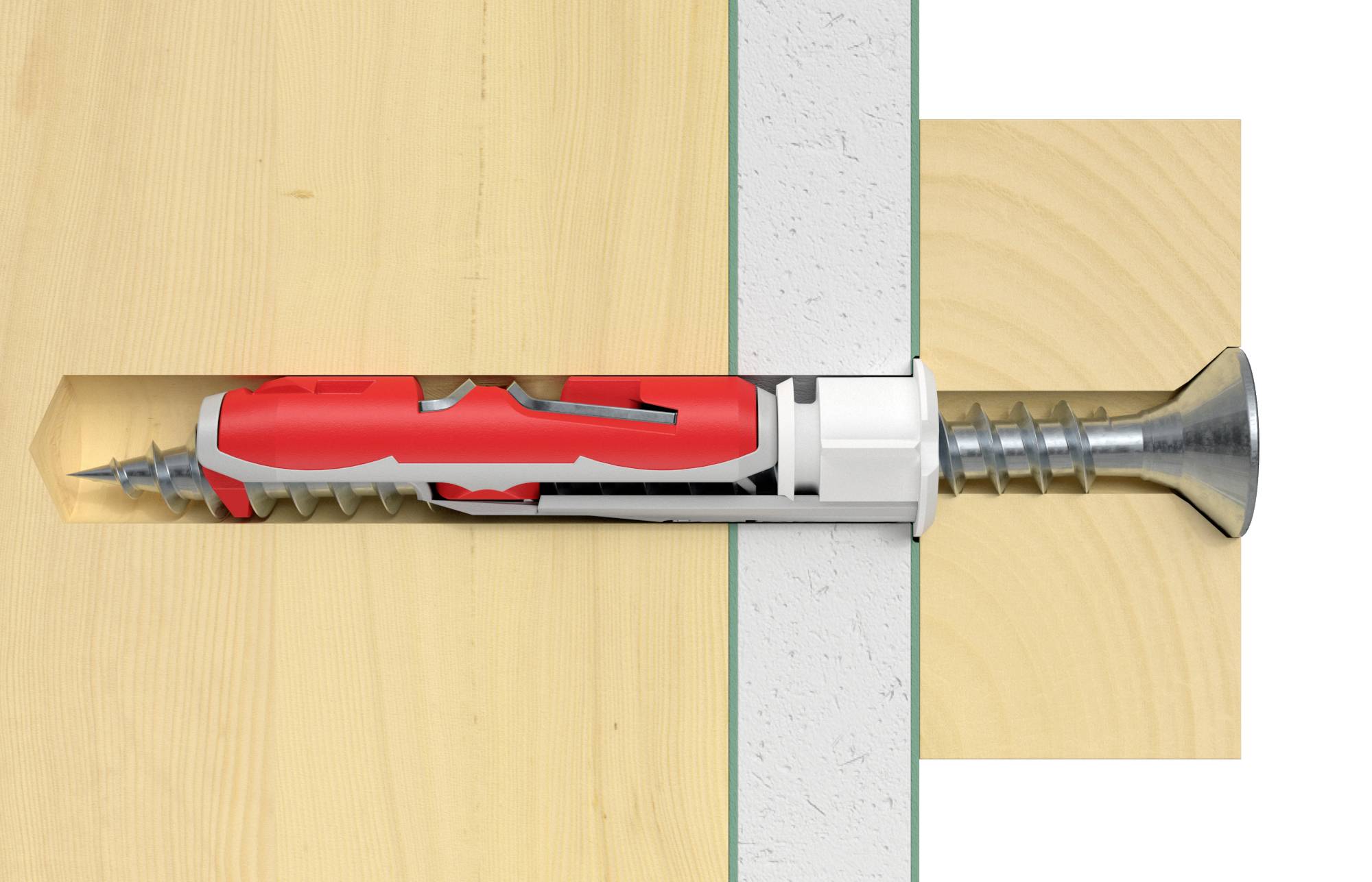 Ein Diagramm zeigt eine Schraube mit Dübel, die Holz und Beton verbindet. Der Dübel ist rot, die Schraube silbern.