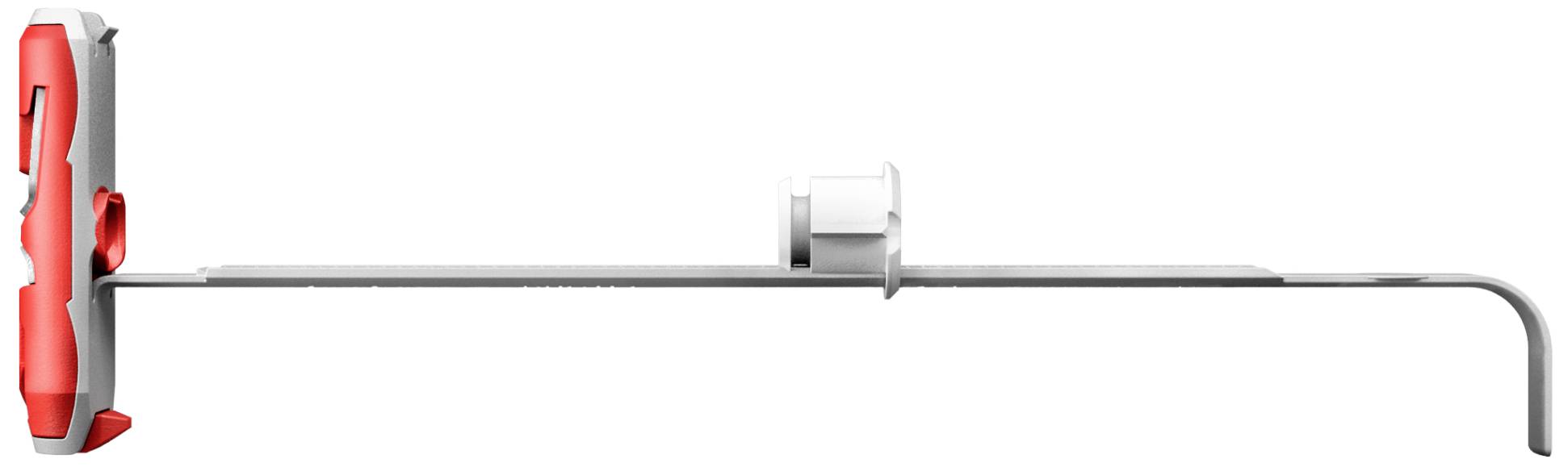 Werkzeug mit langem, schmalem Stab aus Metall und rotem Griff. Geeignet zum Greifen oder Heben von Objekten in engen Räumen.