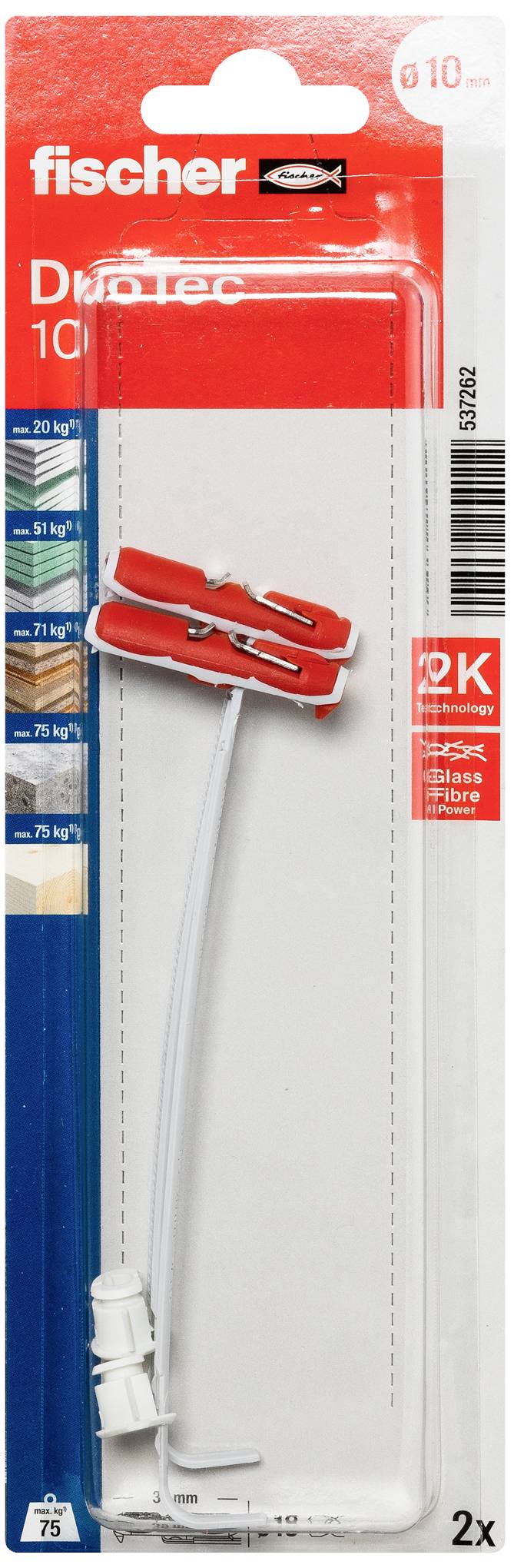 Verpackung des Fischer Duotec 10 mit zwei Hohlraumdübeln für sichere Befestigungen an Wänden. Zeigt Belastungswerte und Montageanleitung.