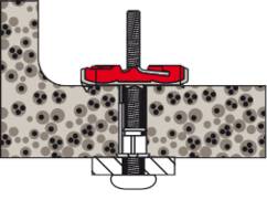 Diagramm zeigt Querschnitt eines mechanischen Ankers in Beton. Schraube und Unterlegscheibe fixieren Bauteil sicher im Beton.