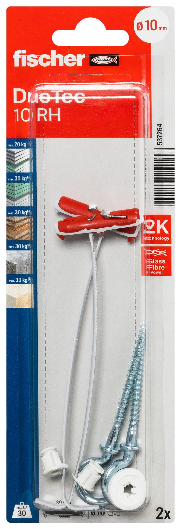 Ein roter Dübel mit langer Schraube und Haken. Der Dübel ist links abgebildet, die Schraube darunter. Sie dienen zur Wandbefestigung.