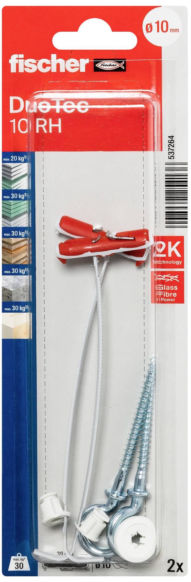 Verpackung eines Fischer DuoTec 10 RH Hohlraumdübels. Enthält Dübel in Rot-Weiß, Schrauben und Montagezubehör. Scherfestigkeit angegeben.