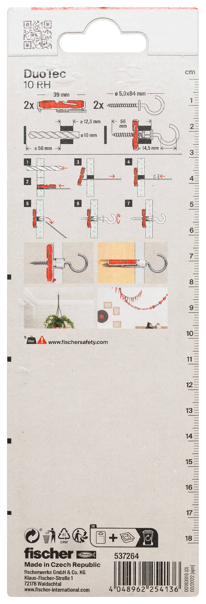 Packung Fischer DuoTec 10 RH Wanddübel mit Installationsanleitung, illustrierten Schritten und einem Linealmaßstab an der rechten Kante.