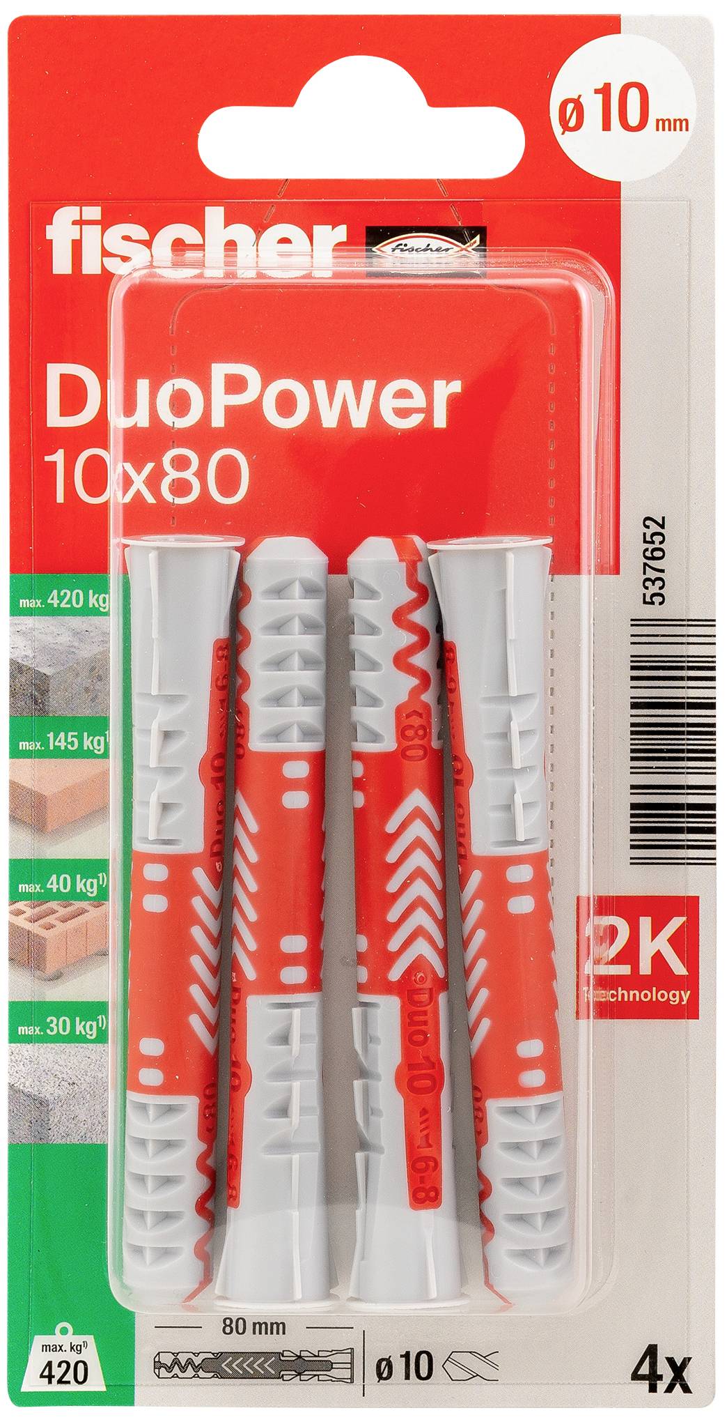 Fischer 537652 DuoPower 10 x 80 K NV Dübel 80mm 10mm 1 Set