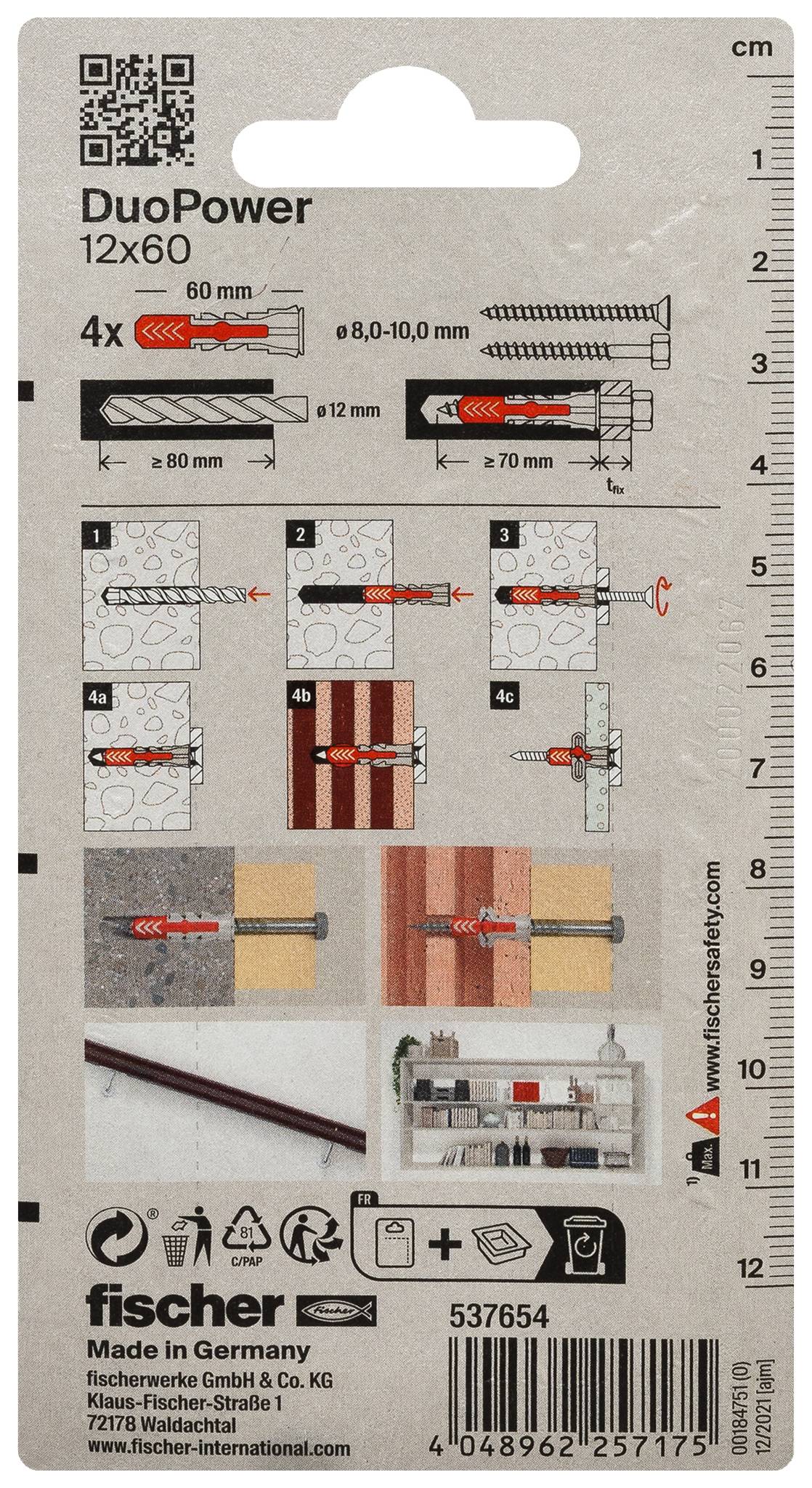 Fischer DuoPower Wandstecker-Paket für 12x60 mm Dübel mit Angaben zu Bohrlochgrößen, Installationsschritten, Lastanwendungen und Produktdetails.