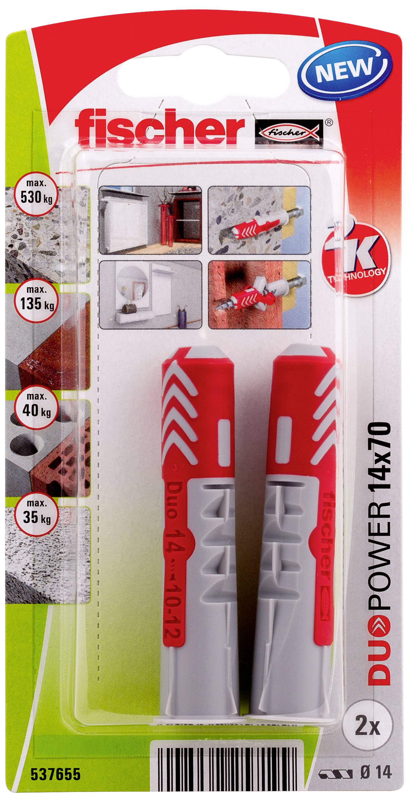 Zwei rote und graue Dübel der Marke Fischer auf einer Verpackung. Oben steht 'DUOPOWER 14 x 70', auf der rechten Seite sind Anwendungsbeispiele.