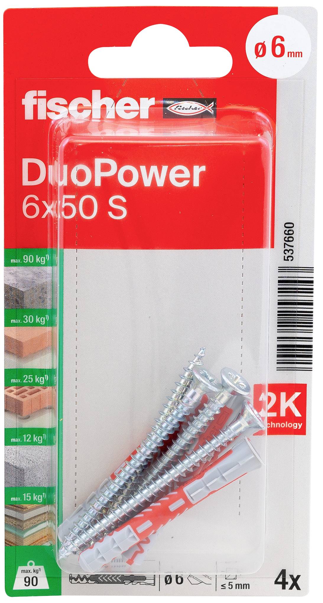 Verpackung mit vier Fischer DuoPower 6x50 S Dübeln und Schrauben. Geeignet für Lasten bis 90 kg auf unterschiedlichen Oberflächen.