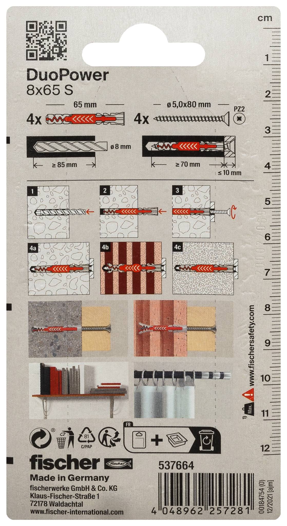Verpackung für Fischer DuoPower 8x65 S Kunststoffdübel, zeigt Bohrgrößen, Lastdiagramm, Installationsschritte und Produktcode 537664.