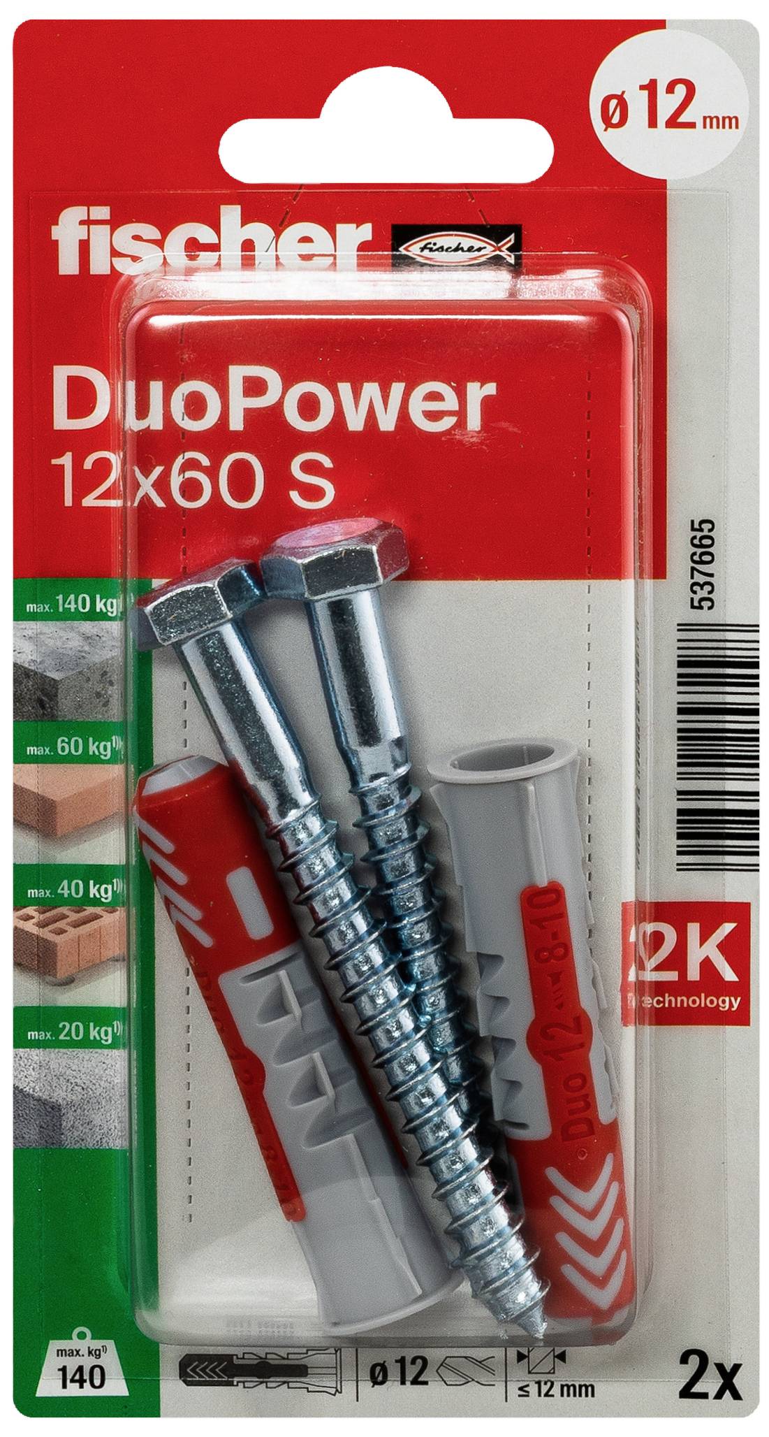'DuoPower 12x60 S' Schwerlastdübel-Set von Fischer, für bis zu 140 kg, inkl. 2 Dübel und Schrauben, kompatibel mit verschiedenen Materialien.