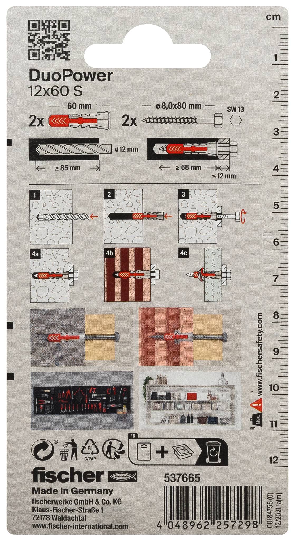 Produktverpackung für Fischer DuoPower 12x60 S Dübel, zeigt 2 Anker für 8-10 mm Löcher und Installationsdiagramme mit Messungen in cm.