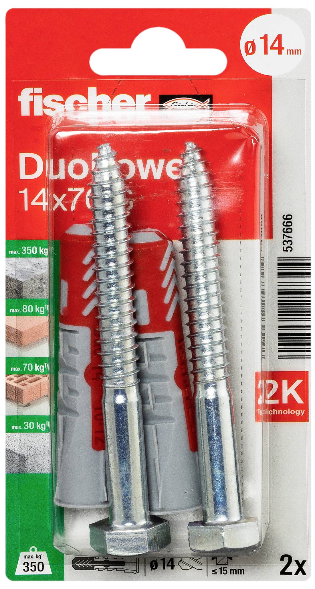 Fischer 537666 DuoPower 14 x 70 S K NV Dübelset 70mm 14mm 1 Set