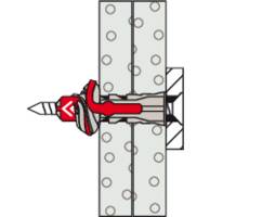 Technische Zeichnung eines mechanischen Werkzeugs mit rotem Hebel an einer plattenähnlichen Halterung, aus der eine Spitze herausragt.