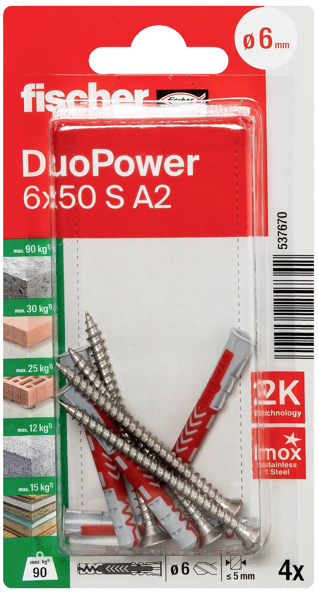Fischer DuoPower Dübelpackung 6x50 S A2, enthält 4 Dübel und Schrauben. Geeignet für diverse Materialien, mit Traglastinformationen.