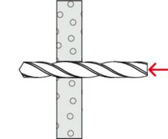 Bohrer von rechts dringt durch ein Material mit Punkten ein, was Schneiden oder Bohren darstellt.