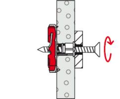 Abbildung zeigt eine rote Ankerdübelmontage in einer Wand, mit einem Pfeil, der eine Drehbewegung im Uhrzeigersinn anzeigt.