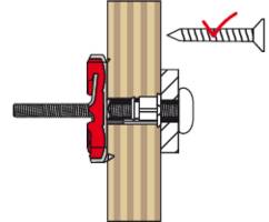 Diagramm eines Schrauben- und Dübelmechanismus in einem Holzstück, mit einem Haken und einer Mutter. Ein Häkchen zeigt korrekte Montage.