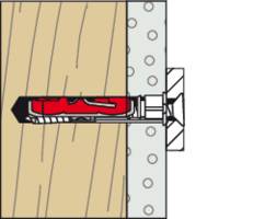 Ein Querschnitt einer Schraube, die in eine Wand mit einem Dübel eingesetzt ist. Der Dübel ist rot markiert und zeigt die Befestigung.