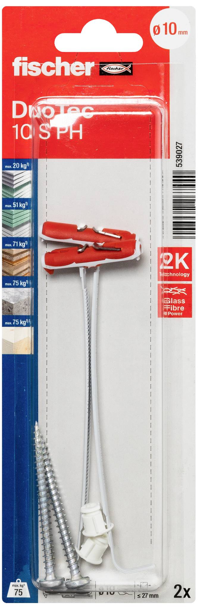 Produktverpackung. Fischer DuoTec 10 SPH Spreizdübel-Set, 2 Stück. Belastungshinweise: 20 kg – 35 kg, je nach Material. Inkl. Schrauben.