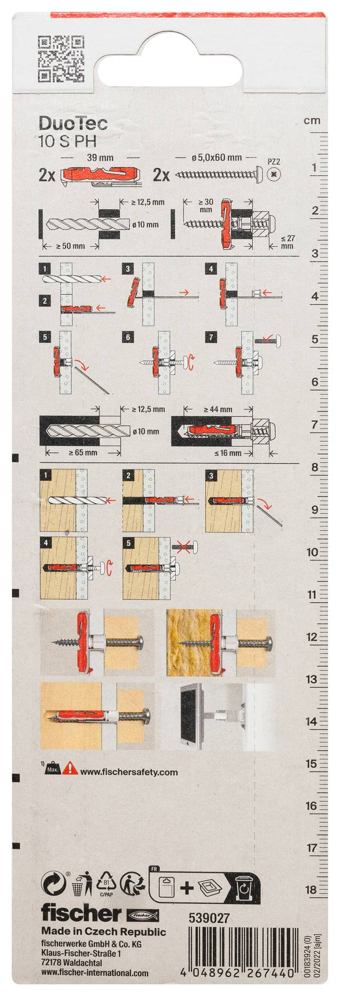 Produktverpackung für fischer DuoTec Dübel, mit Installationsdiagrammen, Größentabelle und Sicherheitssymbolen auf einer weißen Schachtel.