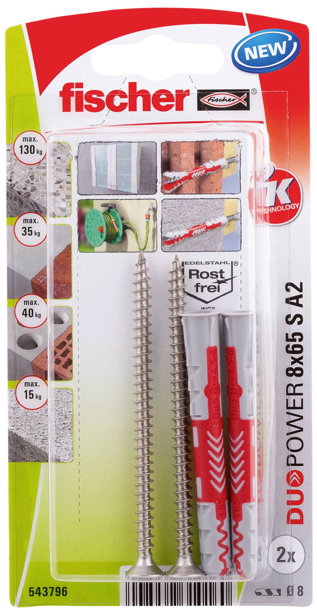 Verpackung mit Fischer-Dübeln und Schrauben. Zeigt maximale Tragkraft für verschiedene Materialien. Zwei Dübel und zwei Schrauben enthalten.