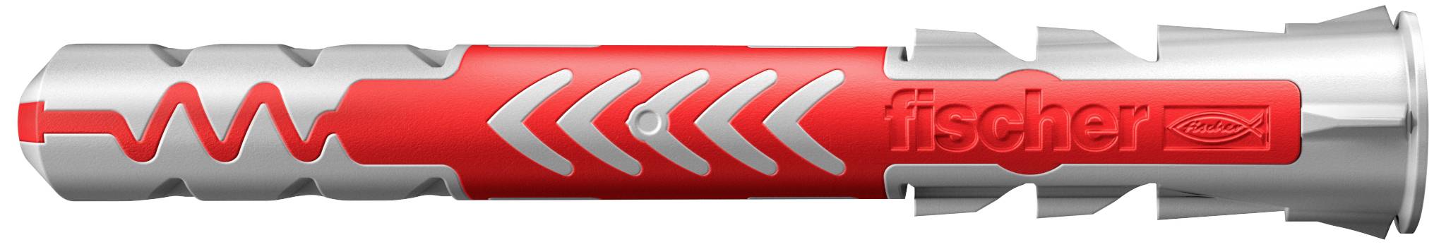 Ein roter Dübel mit silbernen Kanten und dem Schriftzug 'fischer'.