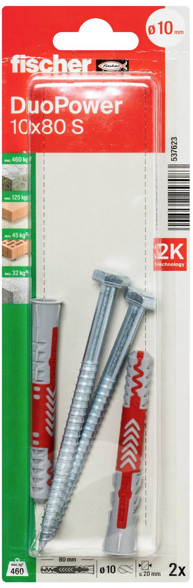 Packung mit Fischer DuoPower 10x80 mm Dübeln und Schrauben, geeignet für verschiedene Baustoffe und belastbare Befestigungen.